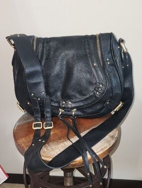 Aldo Black Gold Studded Leather Crossbody Saddle Messanger Bag Double Zipper